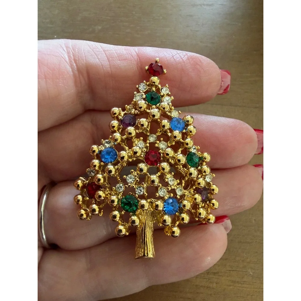 Eisenberg Christmas Tree Pin Multi Colored Rhinestones